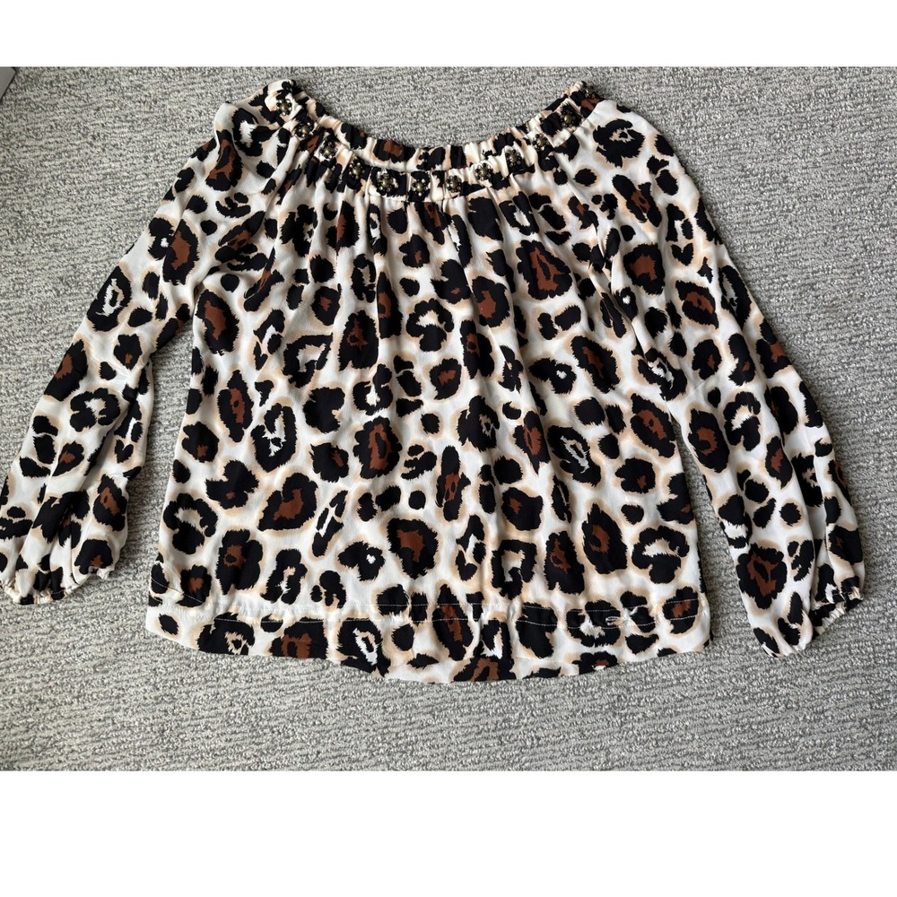 Blumarine Cruise Leopard Print Off Shoulder Beaded Blouse Italy 100% Silk